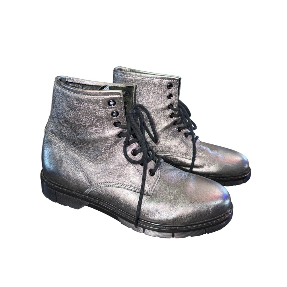 Aldo Mens Metallic Silver Leather Combat Boots Lace Up Lug Sole Size 10.5‎ US